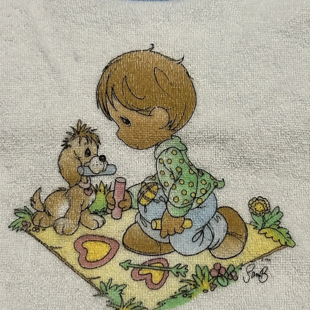 Vintage Precious Moments Embroidered Blue Bib